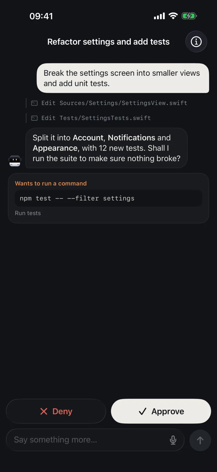 A task conversation on iPhone, with Approve and Deny buttons at the bottom