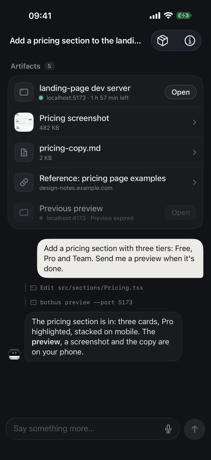 Task output on iPhone: dev servers, screenshots, documents, and links