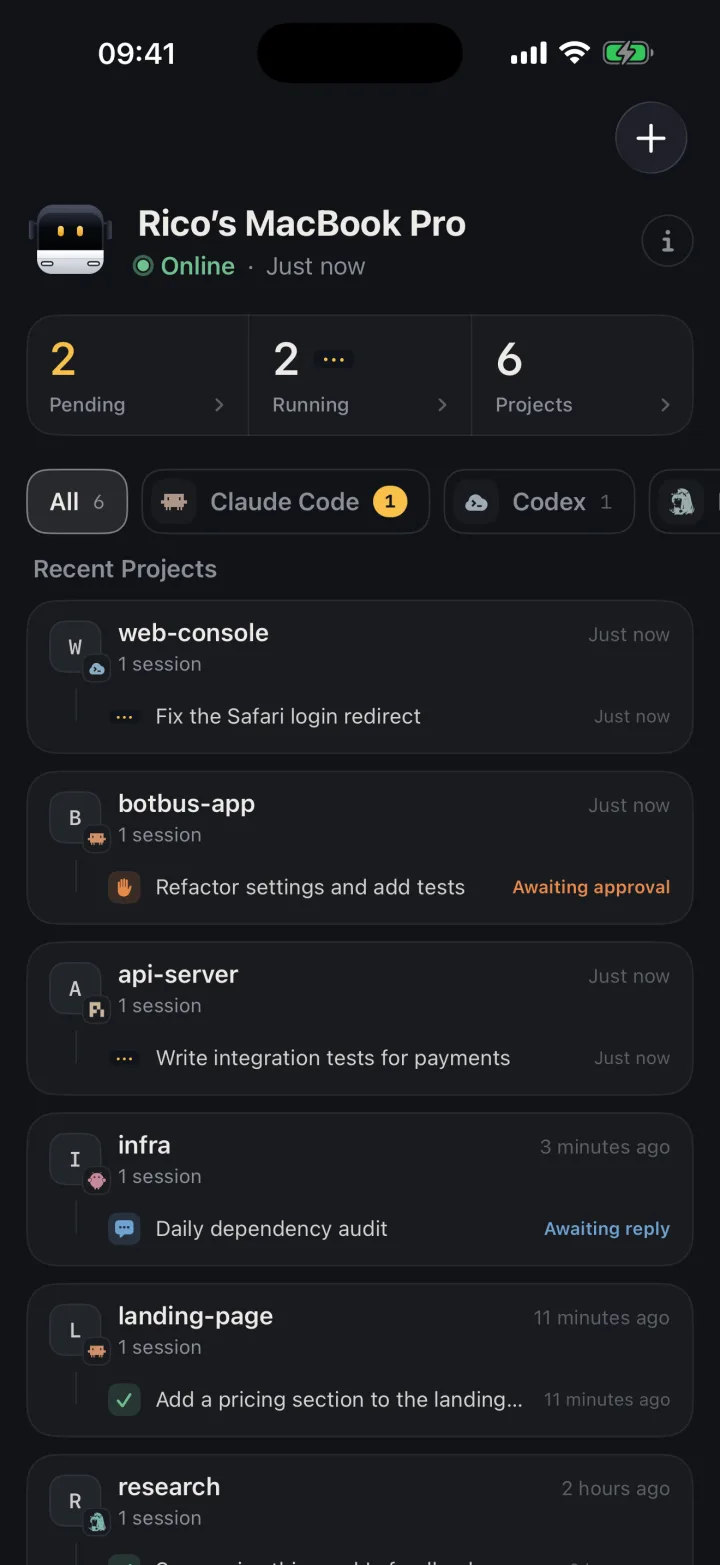 One computer on iPhone: pending and running tasks, and recent projects