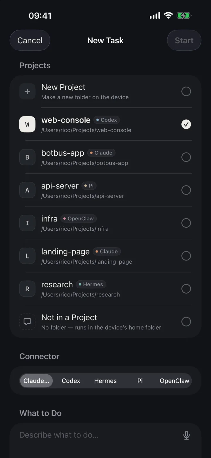 Starting a new task on iPhone: choose a project and agent