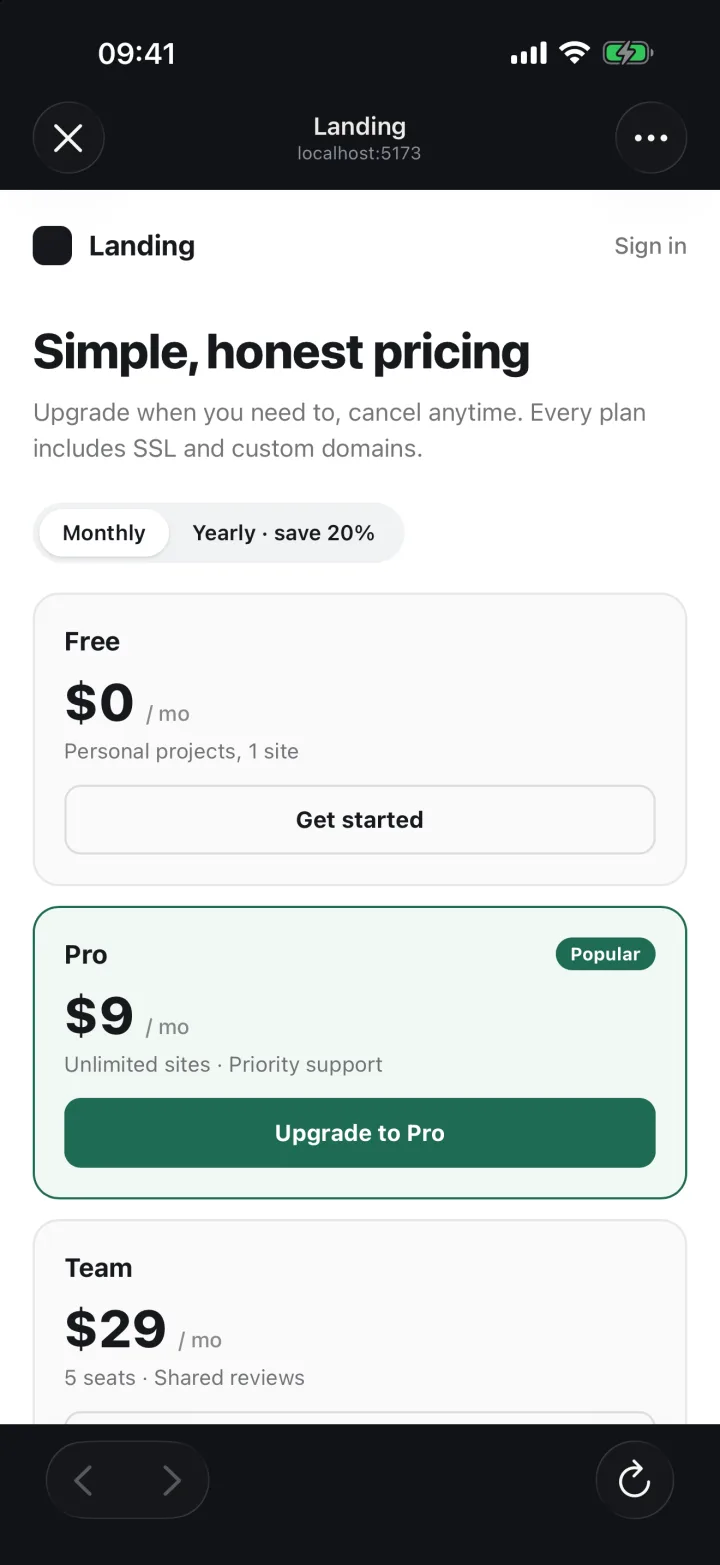 Previewing a landing page the agent built, on iPhone