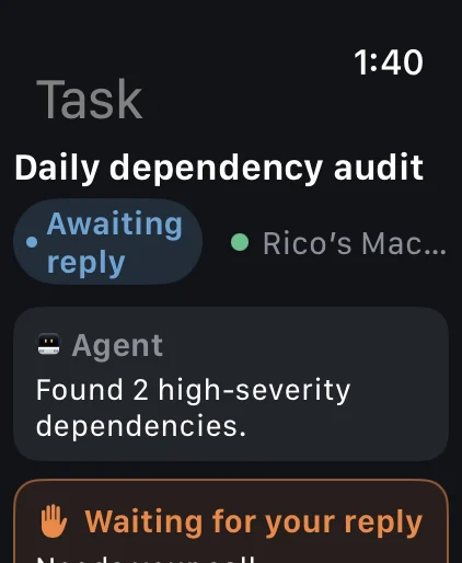 A task awaiting your reply on Apple Watch, with voice reply