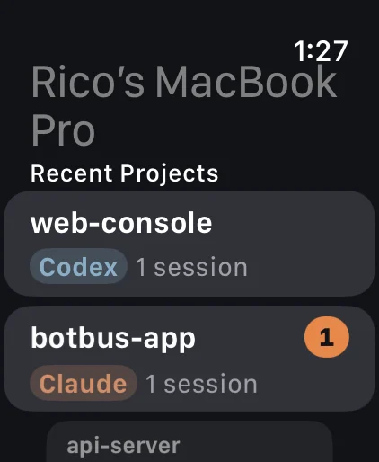 Recent projects for one computer on Apple Watch
