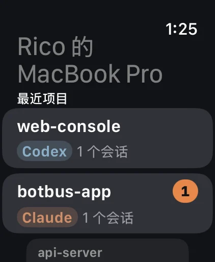 Apple Watch 上一台電腦的最近專案